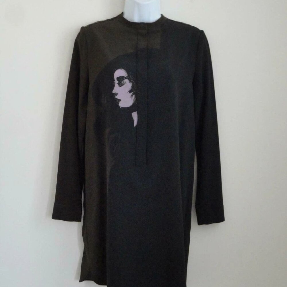 NWT VICTORIA BECKHAM Black Moss Green Printed Silk Crepe Long Sleeve Dress 42/6